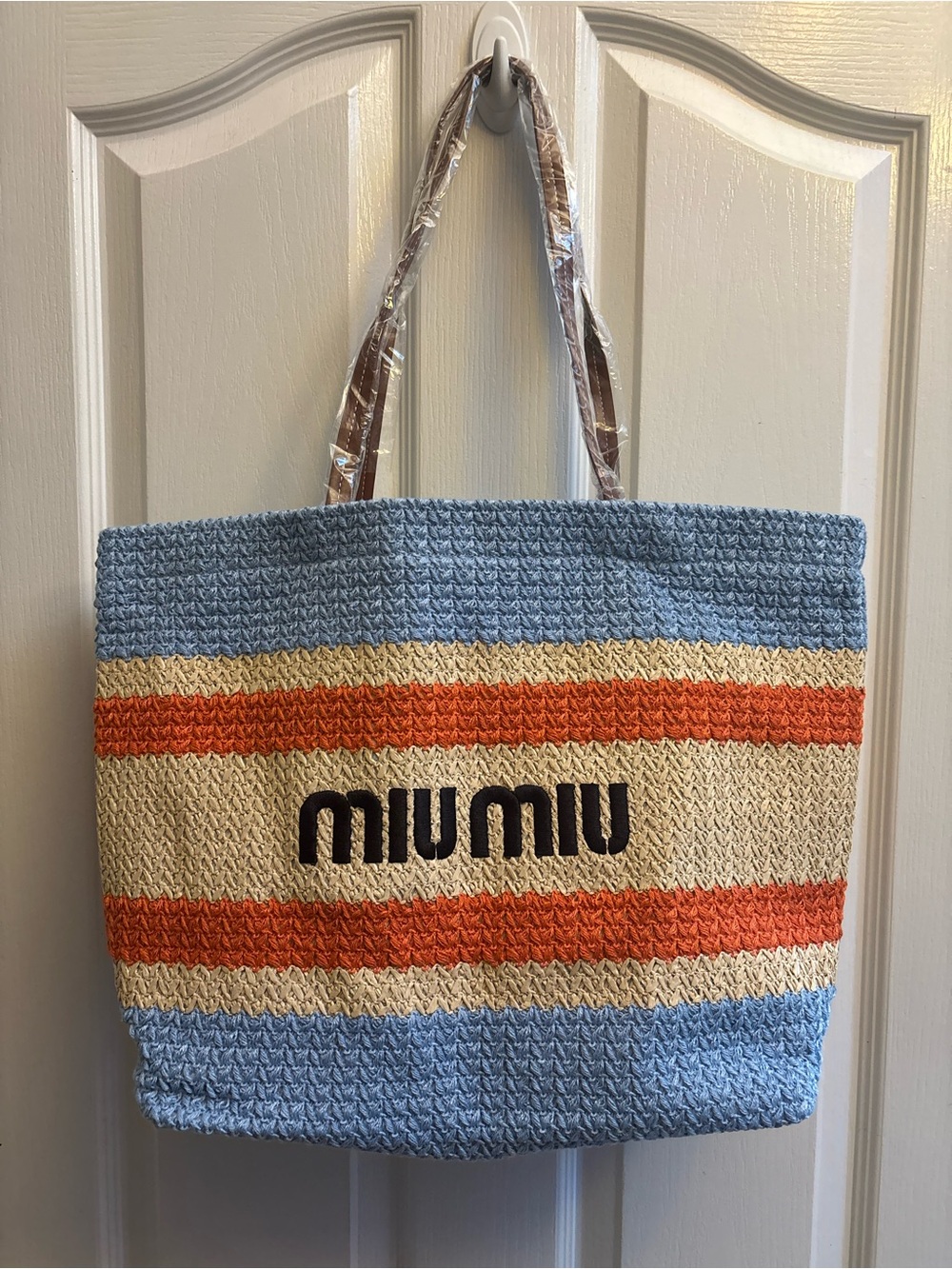 Miu Blue, Cream & Orange raffia Crochet Striped Tote NWOT beach, summer, fun bag